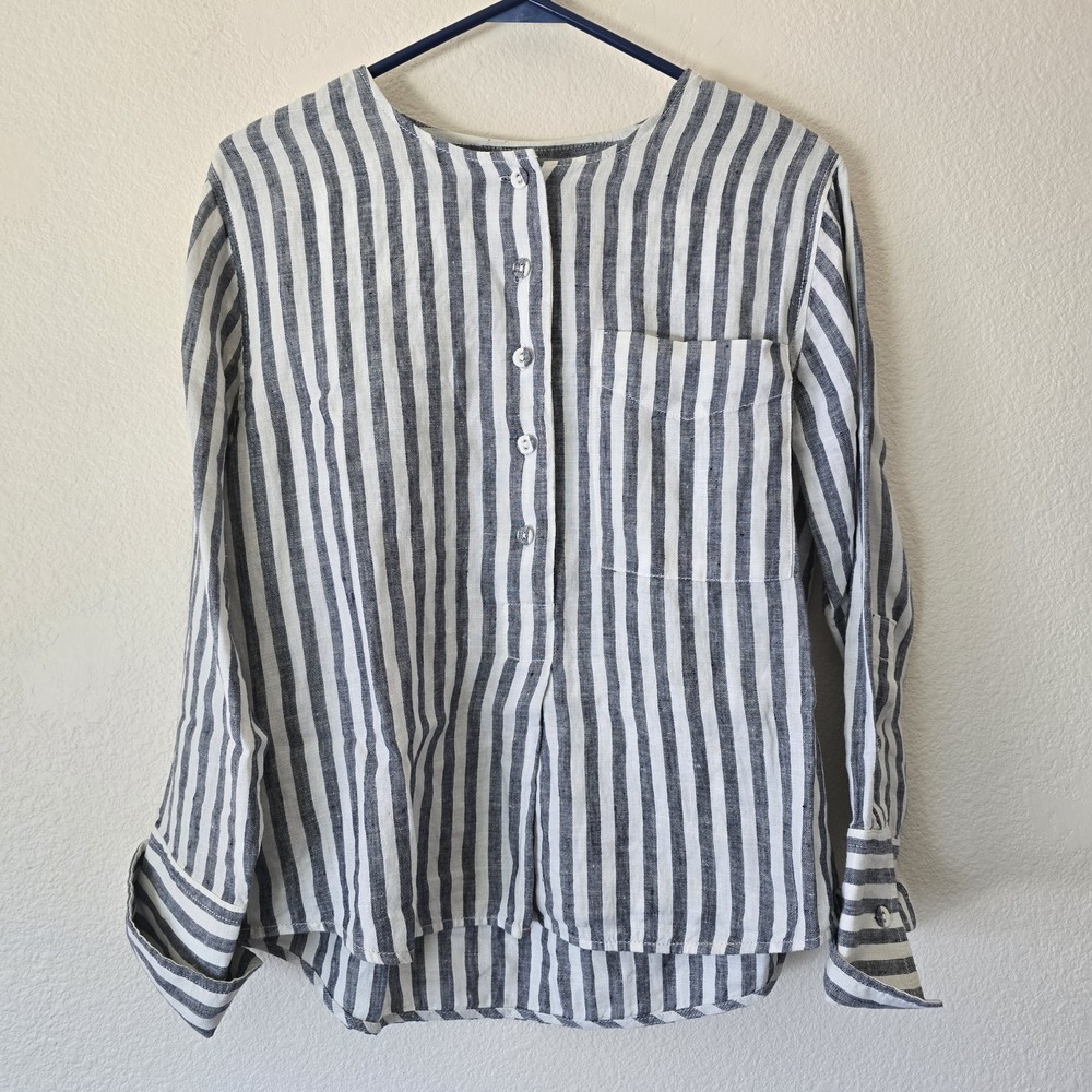 Everlane Women Sz 4 Linen Popover Shirt Stripe Boxy Oversized Sustainable Preppy